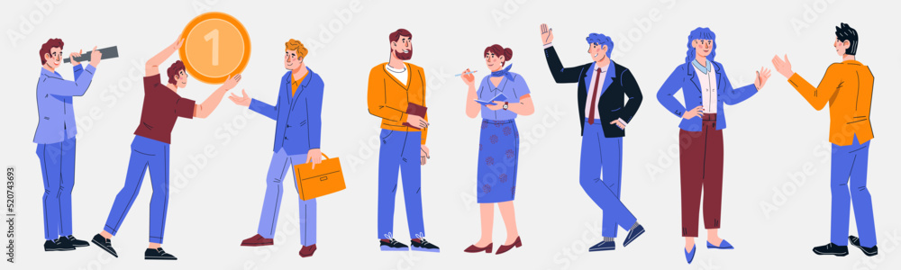 Business people team characters involved in workflow, development strategy and analysis of marketing, flat vector isolated on white. Business managers and data analytics team.