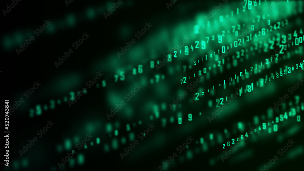Futuristic background green matrix. Digital burst of data. Coding or hacking concept. Flow of random numbers. 3D rendering.