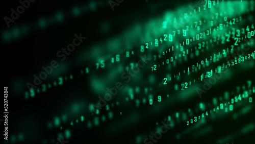 Futuristic background green matrix. Digital burst of data. Coding or hacking concept. Flow of random numbers. 3D rendering.