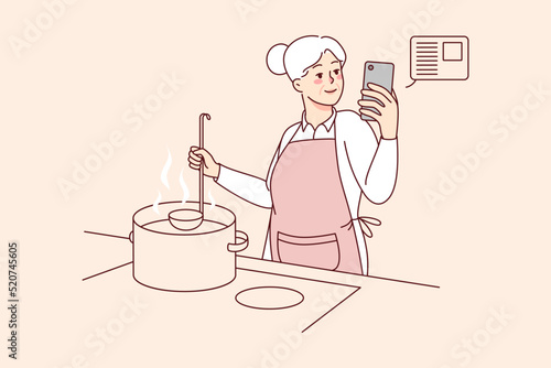 Elderly woman cooking soup at kitchen with online recipe on cellphone. Smiling modern old grandmother preparing food using cookbook or application on mobile. Vector illustration. 