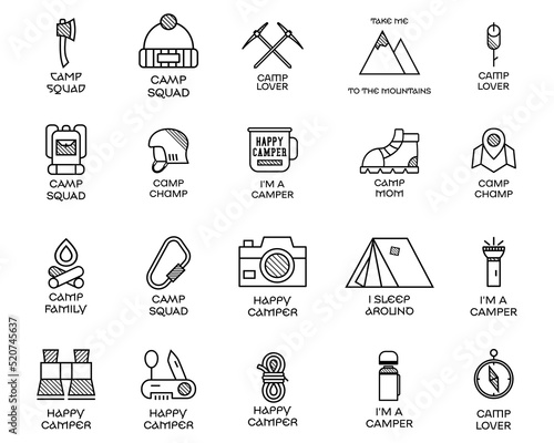 Collection of outline logos with various camp images