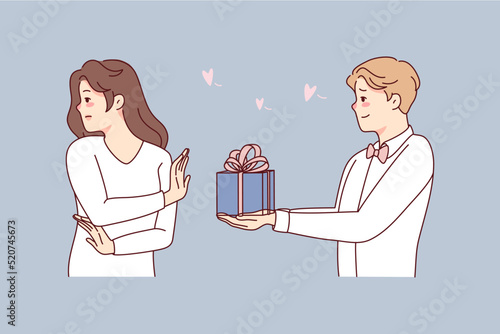 Young woman reject loving man making present. Female say no to guy in love make surprise with gift box. Relationship problem. Vector illustration. 