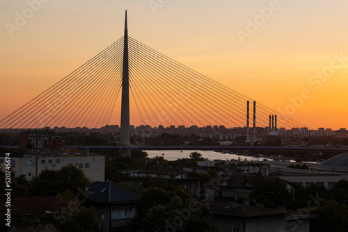 Fototapeta Naklejka Na Ścianę i Meble -  Silhouette of Ada Bridge (Most na Adi) at sunset, Belgrade, Serbia.