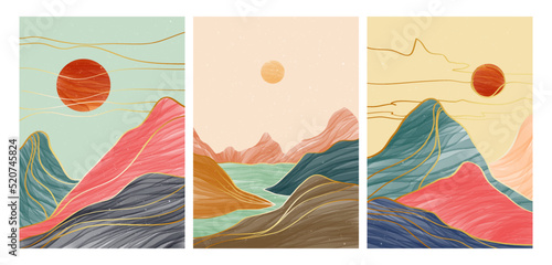 Set of Mountain landscape with line art, mountain, sunset and river. Abstract mountain contemporary aesthetic backgrounds landscapes. vector illustrations