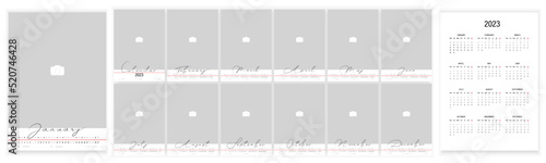 Wall Monthly Photo Calendar 2023. Simple monthly vertical photo calendar Layout for 2023 year in English. Cover Calendar, 12 months templates. Week starts from Monday, Sanday. Vector illustration