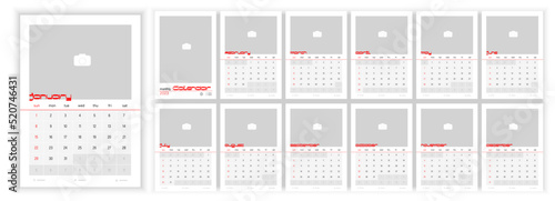 Wall Monthly Photo Calendar 2023. Simple monthly vertical photo calendar Layout for 2023 year in English. Cover Calendar, 12 months templates. Week starts from Sanday. Vector illustration