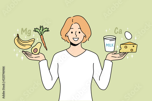 Smiling young woman holding calcium and magnesium products in hands. Happy female follow healthy lifestyle. Diet and nutrition. Vector illustration. 