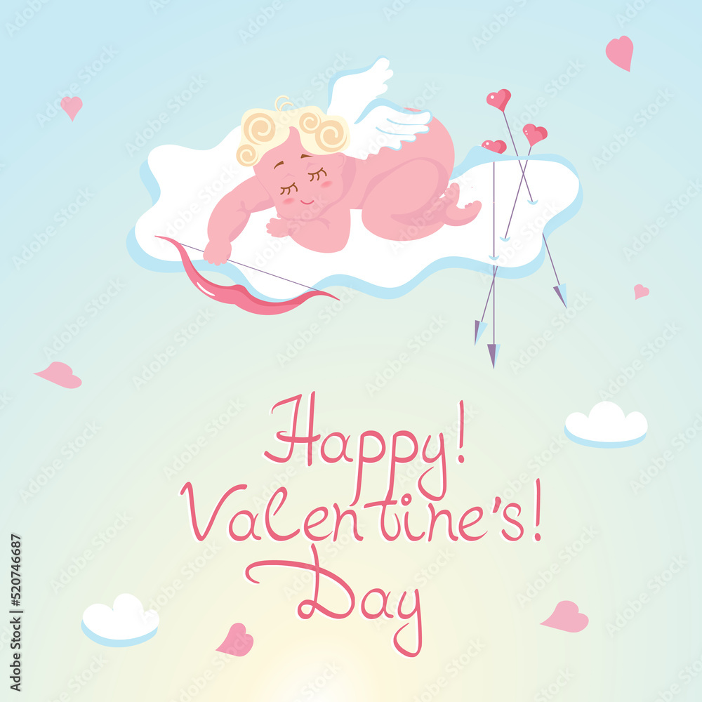 Cute baby Cupid isolated on sky background.