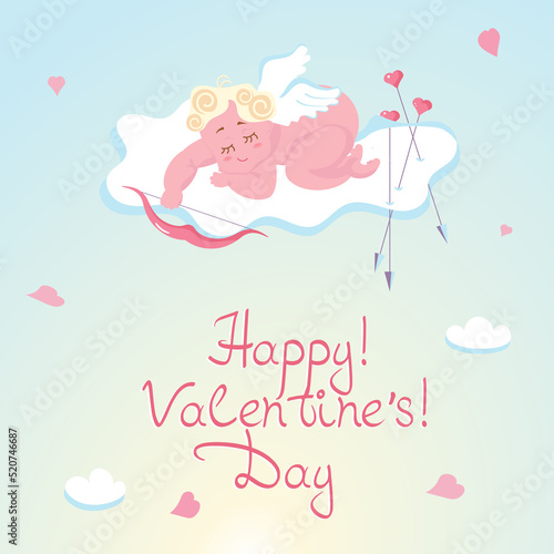 Cute baby Cupid isolated on sky background.