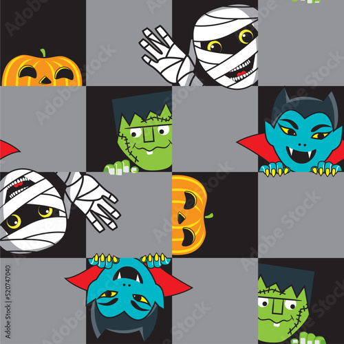 Vampire, zombie, mummy and pumpkin looks out of the square. Halloween seamless pattern illustration.