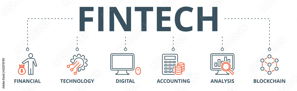 Fintech banner web icon vector illustration concept with icon of financial,  technology, digital, accounting, analysis and blockchain เวกเตอร์สต็อก |  Adobe Stock
