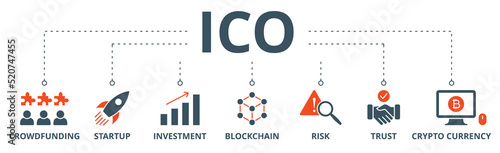 ICO banner web icon vector illustration concept of initial coin offering with icon of crowdfunding, startup, investment, blockchain, risk, trust and cypto currency photo