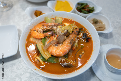 Popular Korean Food Spicy noodle soup Seafood Jjamppong at restaurant