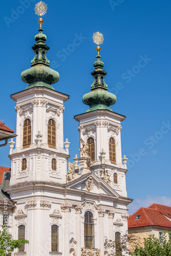 Towers of Baroque Mariahilf Convent and Parish Church  Mariahilferkirche  in Graz  Styria  Austria 