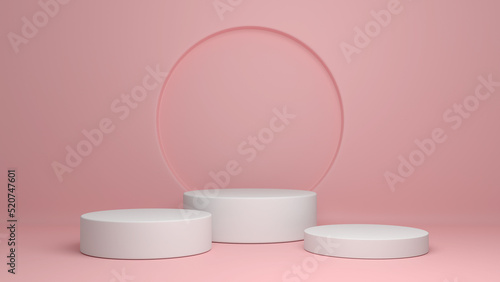 A stage with a pedestal for advertising and branding products. Three white discs of different heights against the background of a round niche in the pink wall. 3D render.