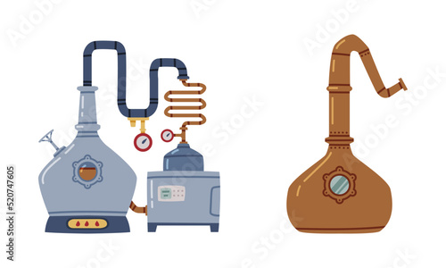 Whiskey Drink Process with Distillation in Pot Still Vector Set
