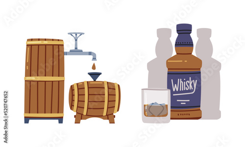 Whisky or Whiskey Poured in Glass with Ice Cube and Stored in Wooden Barrel Vector Set