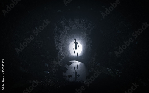 Fotografie, Obraz Mystical alien silhouette in the tunnel in the mine