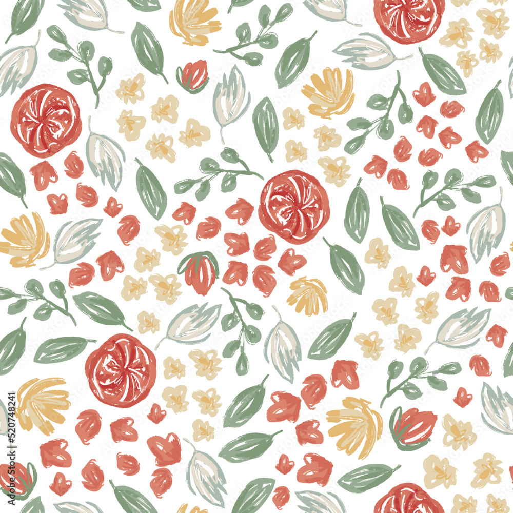English Rose, Seamless wallpaper pattern with red roses, red petals and green leaves on white background English Rose, Seamless wallpaper pattern with red roses, red petals and green leaves on white background