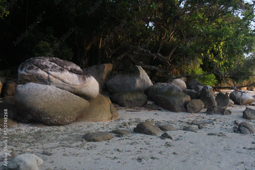 Fototapeta premium beautiful large stones on the sand with trees behind the rocks on berhala island