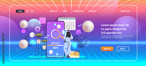 woman in virtual reality glasses updating operating system update process install new software vr vision headset innovation