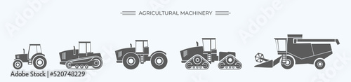 Agriculture and agricultural machinery vehicles flat SVG icons collection set. Harvester, tractor. Agronomy. Farm. Vehicle for field farming work and land  processing. Isolated vector illustration