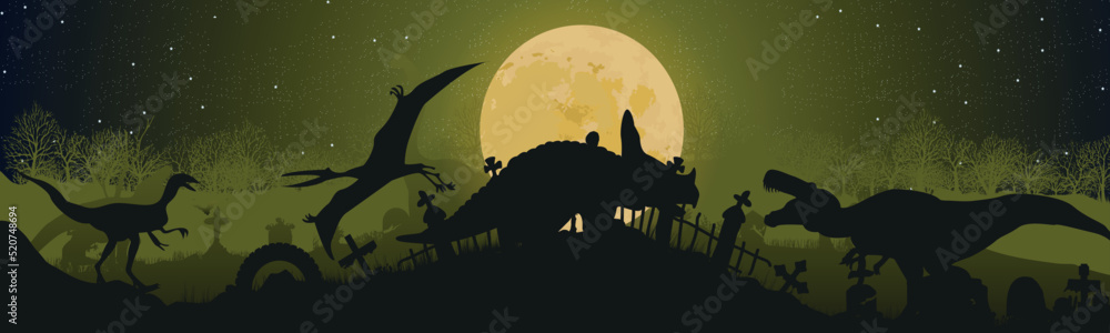Panorama. Silhouette of dinosaurs in the cemetery. Monster concept. Vector illustration.