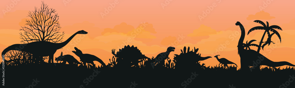 Fototapeta premium Panorama of prehistoric vector landscape with silhouettes of dinosaurs.