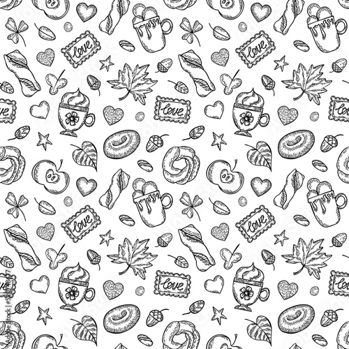 Autumn doodle seamless pattern. Hand drawn set of sketches: cups of coffee, apple, leaves, donut, cookies and acorns. Fall background.