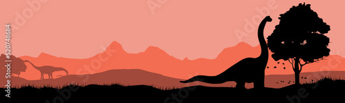 Prehistoric landscape and brachiosaurs. Dinosaurs in the mountains. Vector illustration.