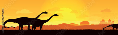 Fototapeta Naklejka Na Ścianę i Meble -  Dinosaur silhouettes in beautiful sunset landscape vector illustration