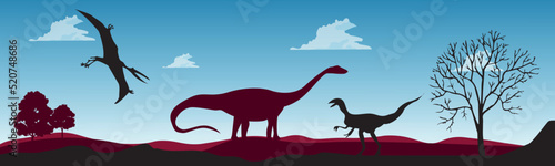 Dinosaur Silhouette Landscape Panorama Concept Earth BC. Prehistoric animals in nature. Vector