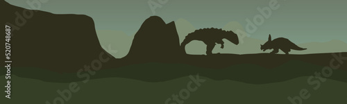 Landscape of highlands with silhouette of dinosaurs. Vector