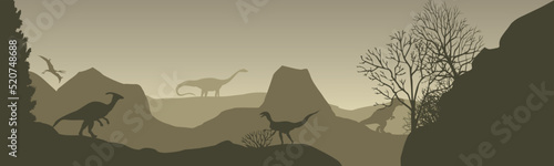 Prehistoric vector landscape with silhouettes of dinosaurs