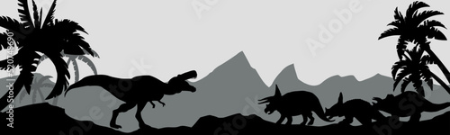 Panorama. Dinosaur battle. The concept of a prehistoric planet. Vector illustration.