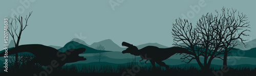 Panorama. Silhouette of dinosaurs in the cemetery. Monster concept. Vector illustration.