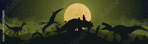 Panorama. Silhouette of dinosaurs in the cemetery. Monster concept. Vector illustration.