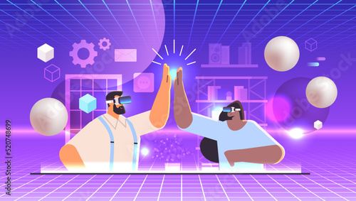 businesspeople in virtual reality glasses giving high five successful teamwork agreement vr vision headset innovation
