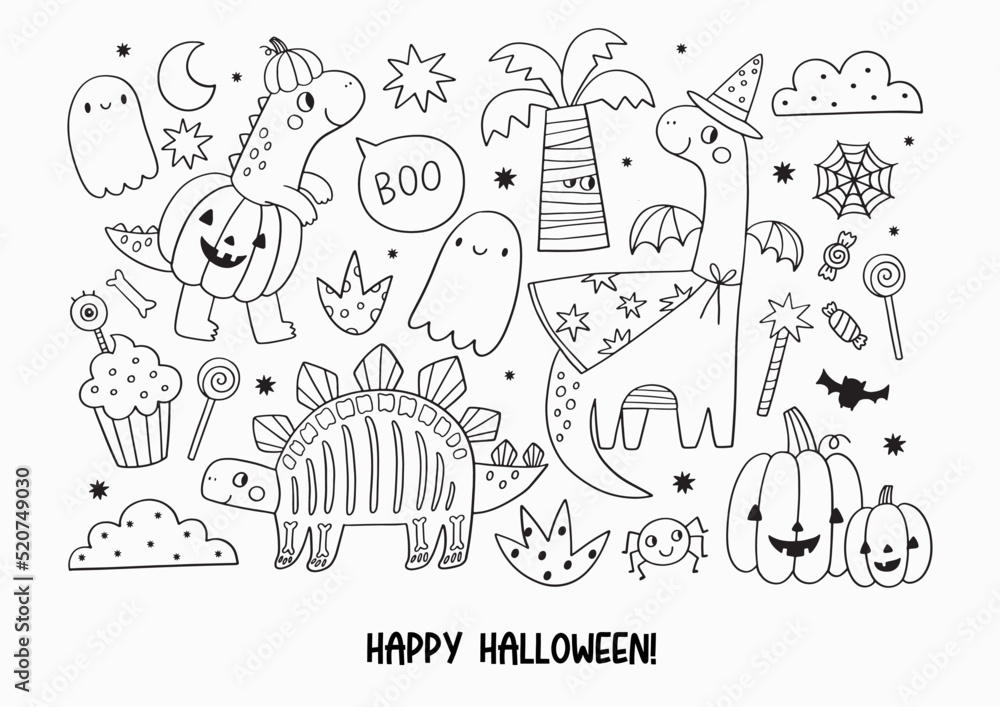 Cute cartoon dinosaurs - vector coloring page for kids. Big coloring poster - Dino, Halloween, pumpkin, stars, ghost, bat. Cute dinosaurs in Halloween costumes