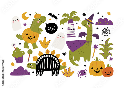 Happy Halloween cute Dinosaurs, pumpkins, spider, ghost, costumes, spider, sweets. Vector print with cartoon Dino Halloween costume
