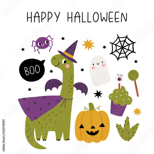 Happy Halloween cute Dinosaurs, pumpkins, spider, ghost, costumes, spider, sweets. Vector print with cartoon Dino Halloween costume