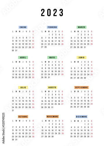 Spanish calendar 2023 year. Vector stationery calendar week starts Monday. Yearly organizer. Simple calendar template in minimal design. Business illustration.