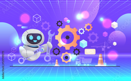 robot with wrench rotating gear wheel technology and development artificial intelligence technology metaverse