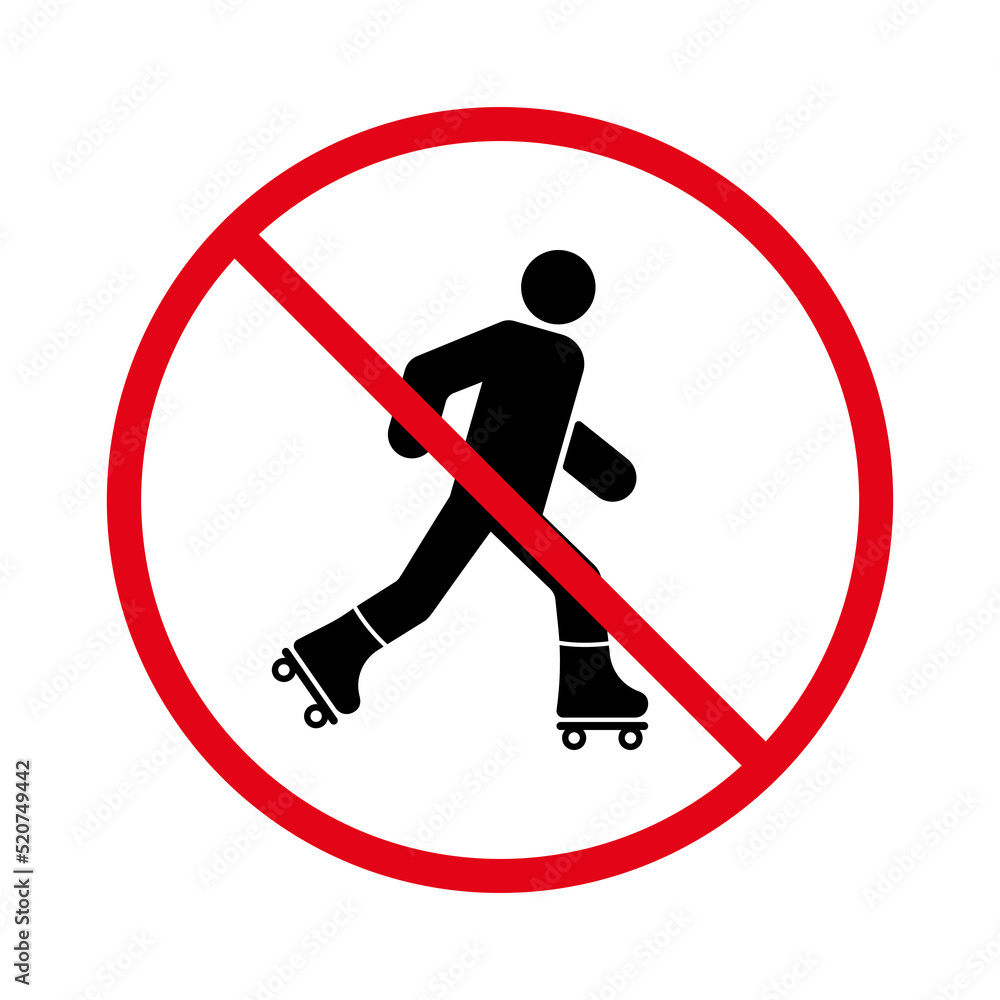 Man in Roll Red Stop Circle Symbol. Ban Entry in Roller Skate Black