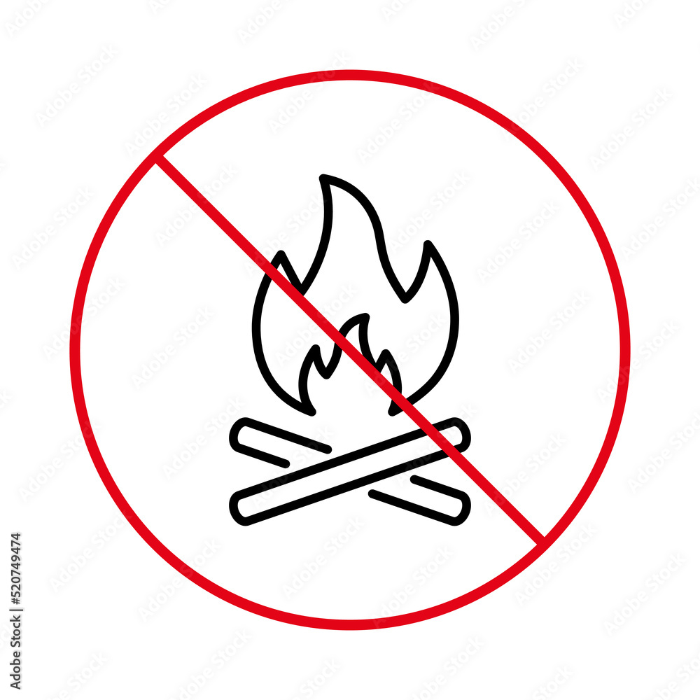 Prohibit Night Wood Campfire Stop Symbol. No Allowed Hot Warm Firewood Outline Sign. Camp Fire Burn Flame Ban Black Line Icon. Warning Forbidden Danger Bonfire Pictogram. Isolated Vector Illustration Prohibit Night Wood Campfire Stop Symbol. No Allowed Hot Warm Firewood Outline Sign. Camp Fire Burn Flame Ban Black Line Icon. Warning Forbidden Danger Bonfire Pictogram. Isolated Vector Illustration