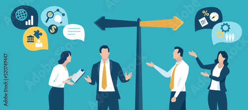 Uncertainty. Direction. The team discusses the direction. Business vector illustration photo