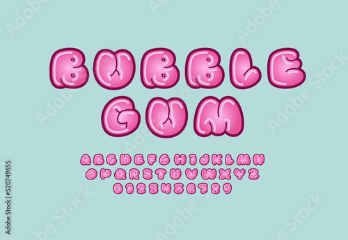 Pink font, comic alphabet in the cartoon style, uppercase letters and numbers, vector illustration 10EPS