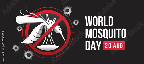 World mosquito day - white mosquito in red stop circle sign and bullet marks around on black background vector design