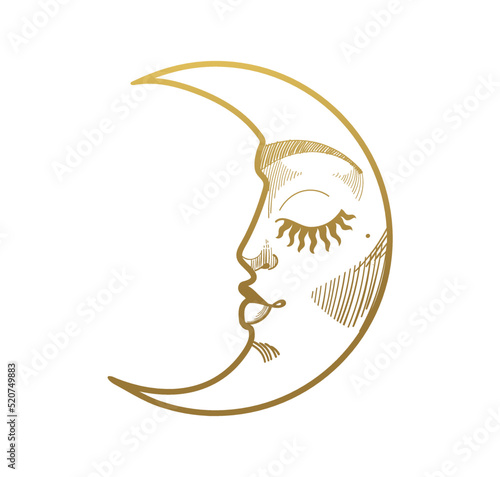 Golden sleeping crescent with a beautiful face, linear icon. Vintage boho witch tattoo, sticker. Vector illustration isolated on white background.