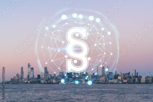 New York City skyline from New Jersey over Hudson River with Hudson Yards skyscrapers at sunset. Manhattan, Midtown. Hologram legal icons. The concept of law, order, regulations, digital justice
